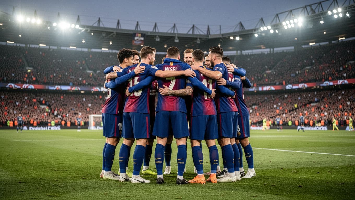 Levante UD players in blue-red jerseys embrace on field amid cheering fans under floodlights.