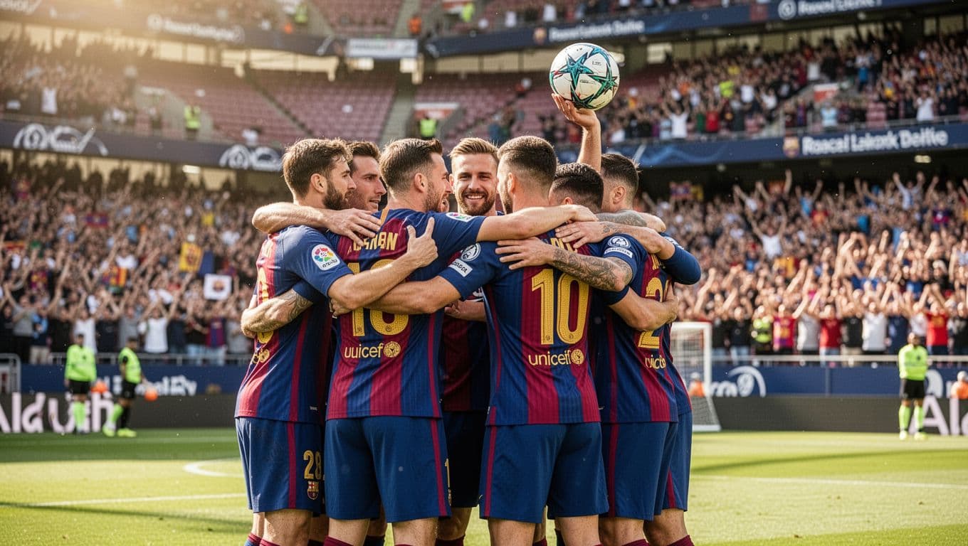 Levante UD players in blue-red jerseys hug on sunny stadium field after 1-0 victory over Getafe, one holds ball, fans cheer from stands.