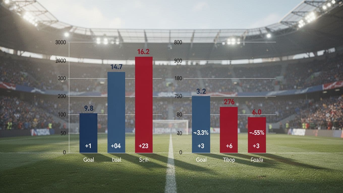 Bar chart compares Levante UD goals, shots, and shots on target with blue-red bars on blurred stadium background.