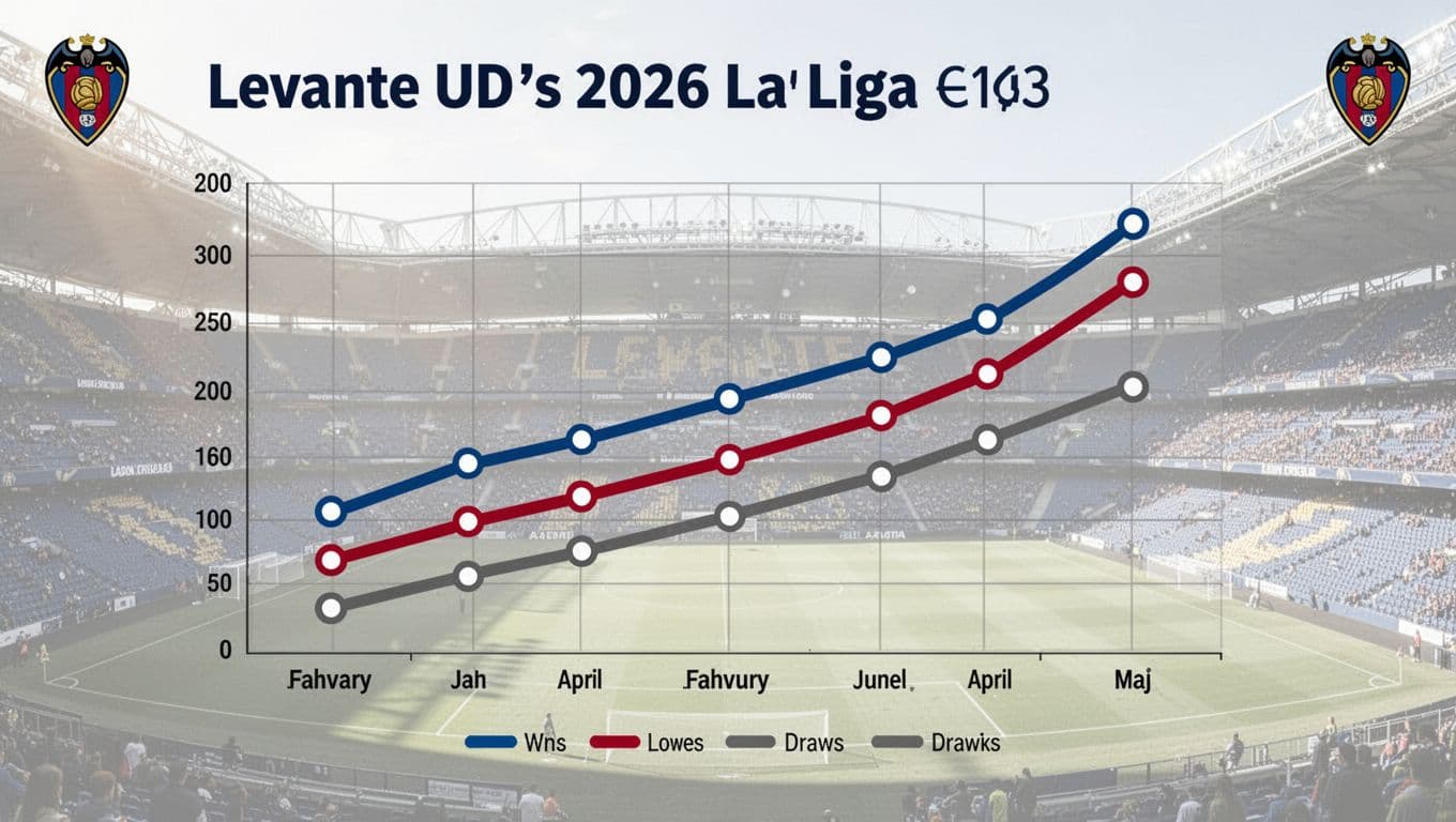 Line chart shows Levante UD wins, losses, draws from January to May 2026, rising in April-May on stadium background.