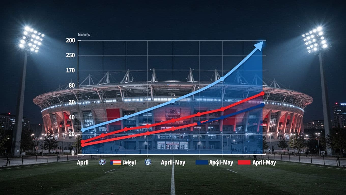 Centered line chart shows Levante UD points rising sharply in April-May 2026 versus Alaves and Sevilla lines, against nighttime Ciutat de Valencia stadium with spotlights.