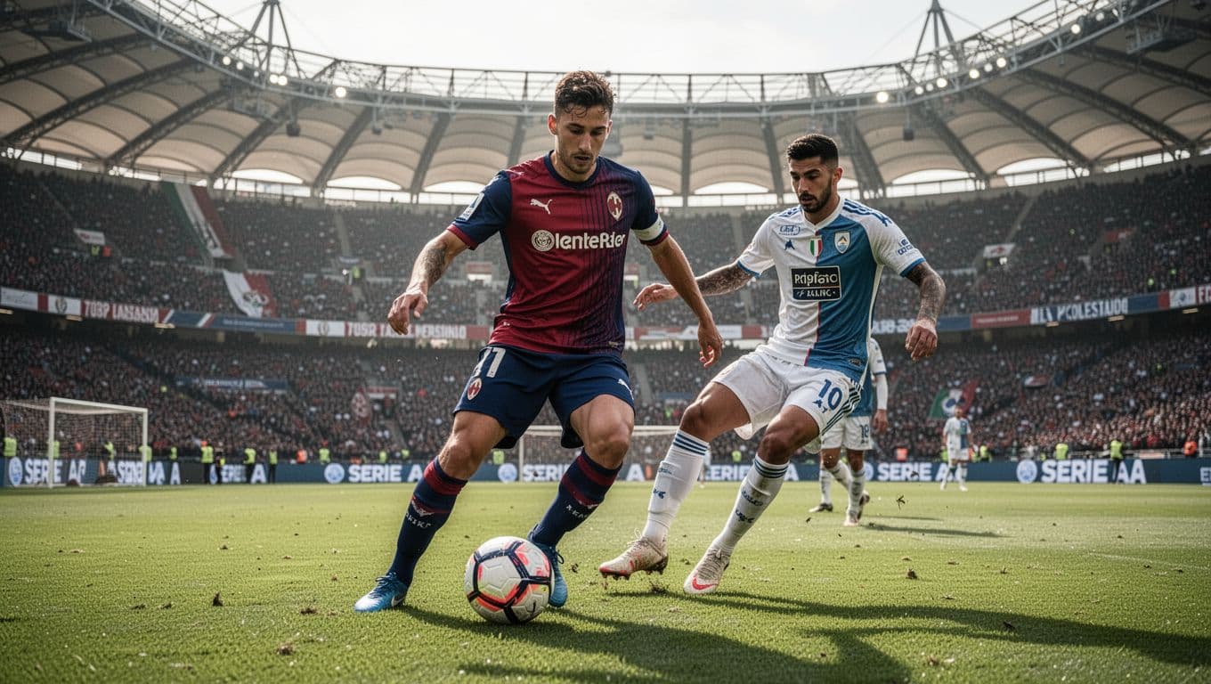 Lewis Ferguson in red-blue kit controls ball in midfield against one opponent on green Stadio Renato Dall'Ara pitch.
