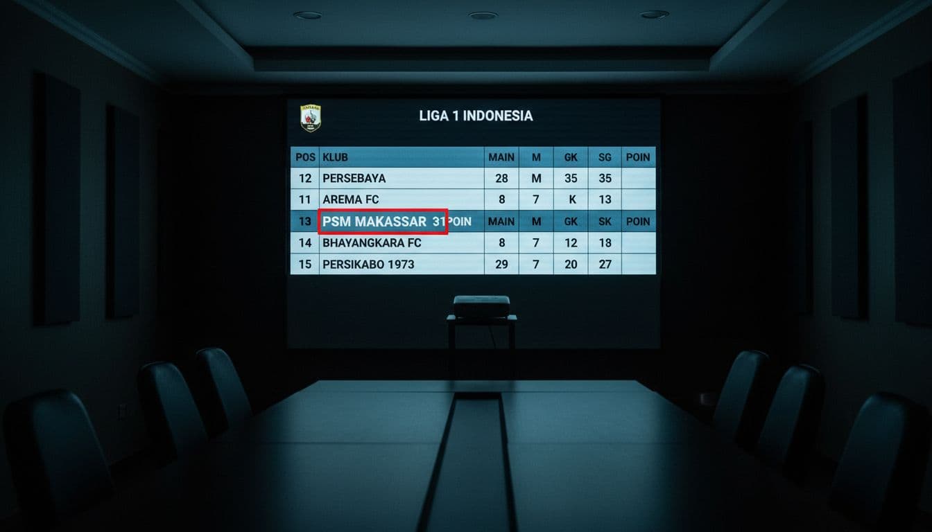 Close-up of large screen in conference room showing Liga 1 Indonesia standings, PSM Makassar at position 13 with 31 points.