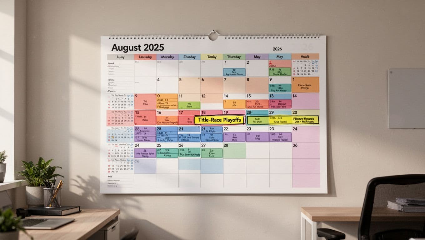 Wall calendar displays Ligue 1 2025/2026 season fixtures, marking dense periods and playoffs.