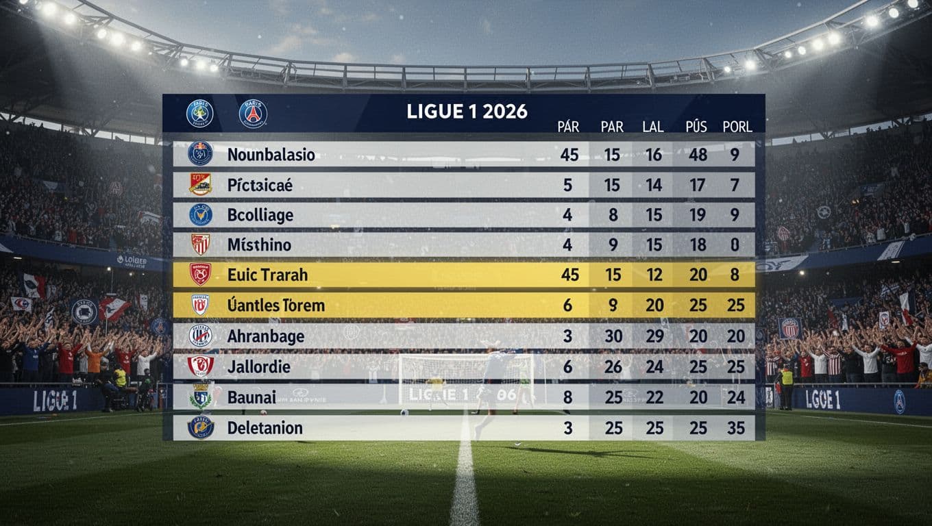 Standings table displays Stade Rennais FC sixth with 45 points after 25 matches, PSG above, Clermont below, spotlight on Rennes row against packed stadium stands.