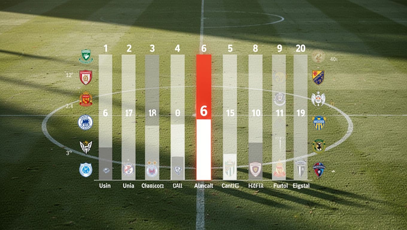 Ligue 1 2026 league table on green football field background with RC Lens in 6th place and points shown.
