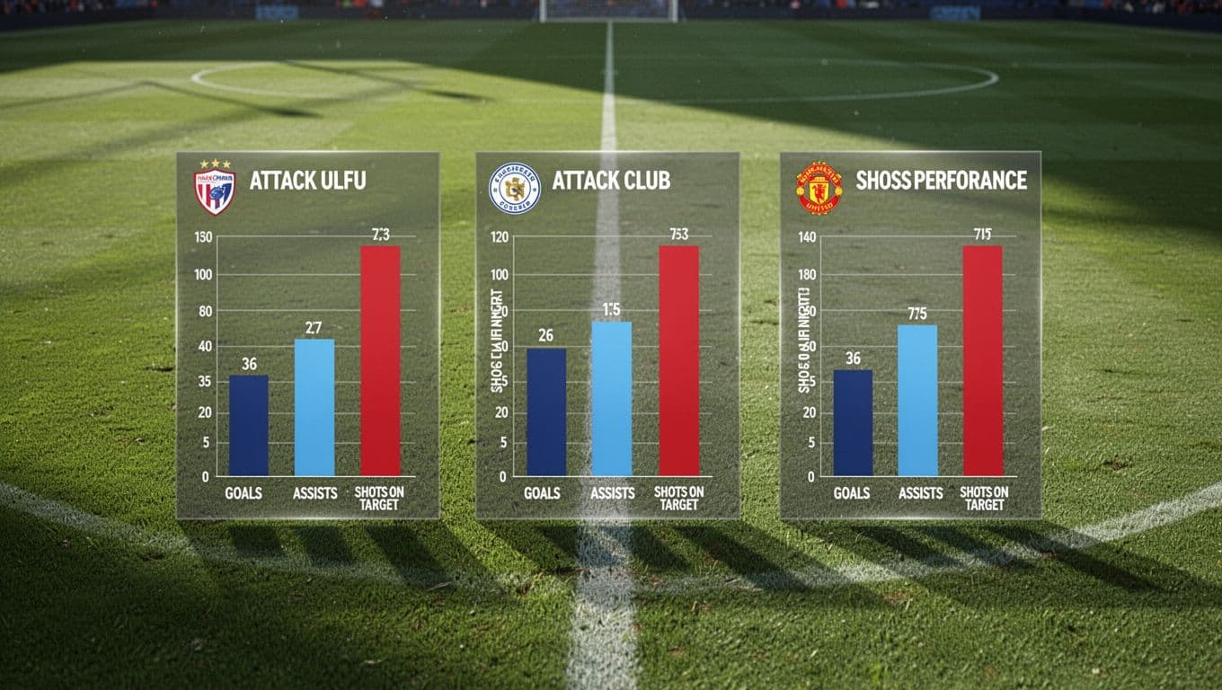 Bar charts compare goals, assists, and shots on target for PSG, Lille, and Monaco on football field background.