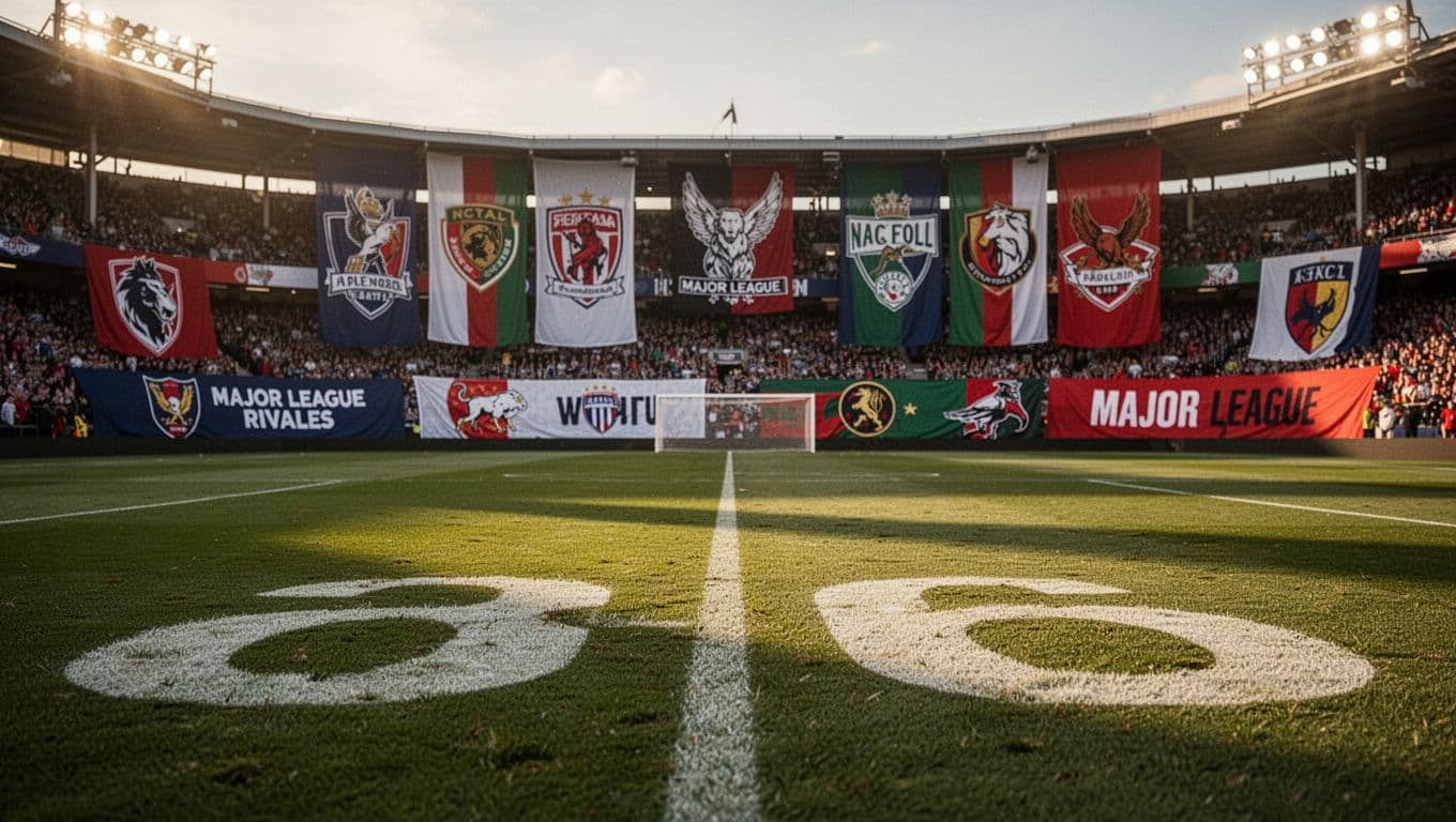 Soccer pitch markings in foreground with stadium banners for Ligue 1 derbies, blurred crowd under evening lights.