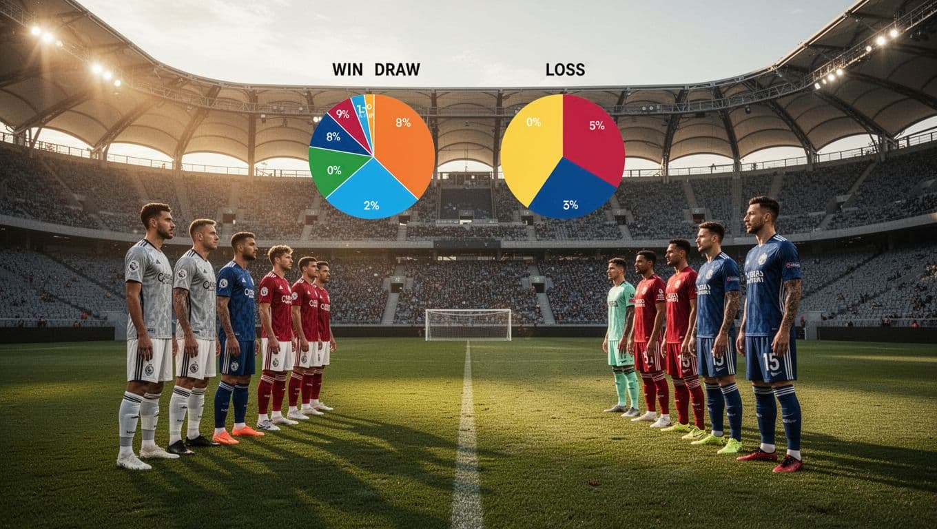 Two Ligue 1 teams face off on a pitch with win, draw, and loss pie charts.