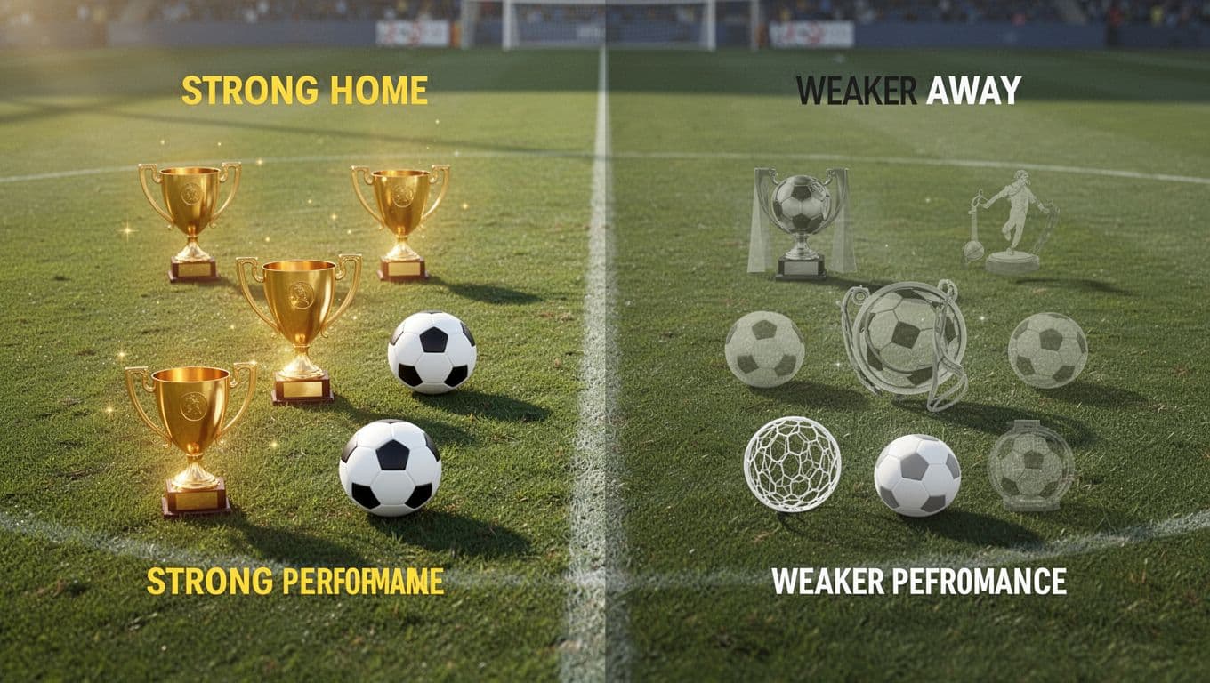 Split infographic on divided football pitch shows strong home stadium icons left and weaker away icons right.