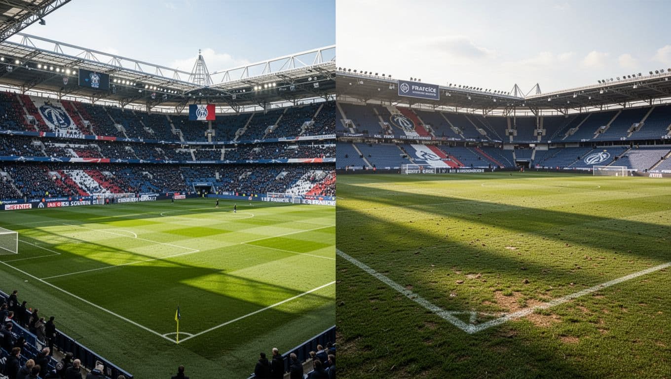 Split-screen shows strong stadium left for home wins, weaker field right for away draws.