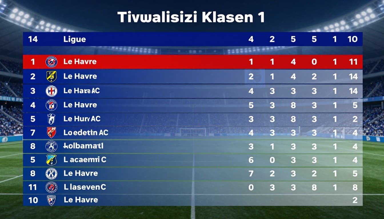 Ligue 1 standings table with Le Havre AC row highlighted blue in 14th place on blurred stadium background.