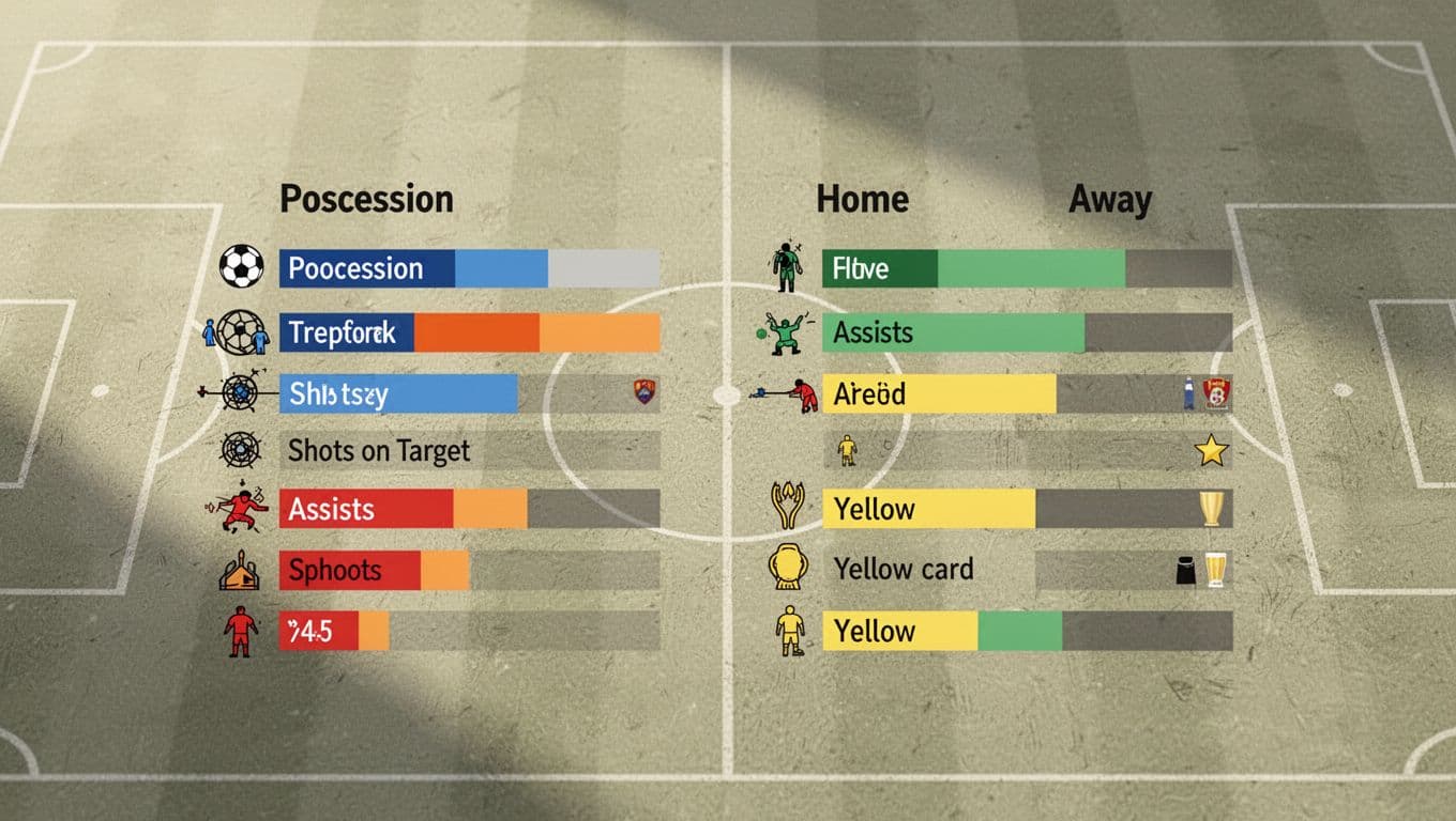 Infographic board with possession bar, shots on target, assists, yellow cards, and home-away icons on football field texture.