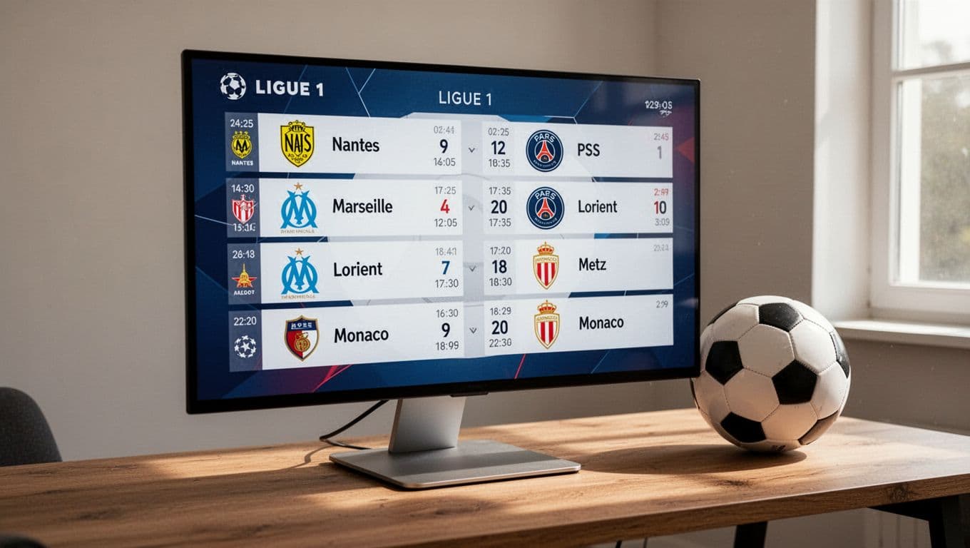 Digital screen on desk with football shows Ligue 1 fixtures calendar for early May 2026 using team icons.
