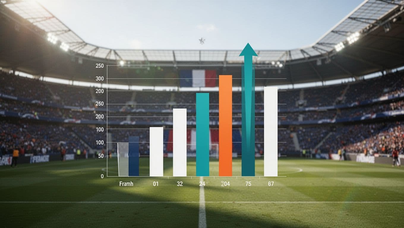 Infographic chart displays OGC Nice in mid-upper Ligue 1 position with rising arrow on blurred stadium background.