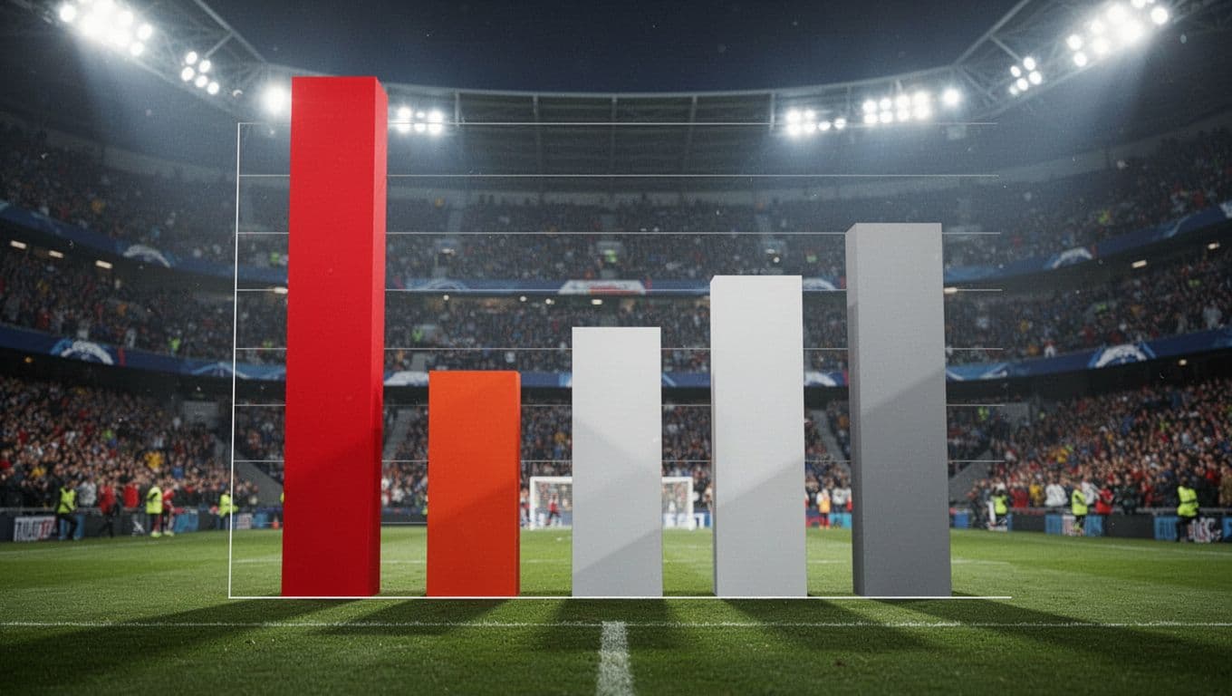 Bar chart shows PSG at 73 points leading Ligue 1 over Lens at 64 and three teams below, blurred stadium crowd background.