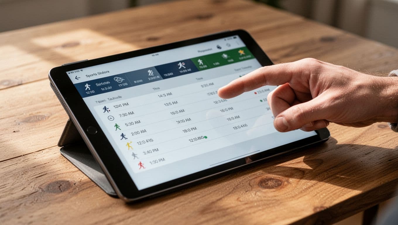 Tablet on wooden table displays Ligue 1 early May 2026 schedule with WIB kick-off times and status icons; relaxed hand points at screen.