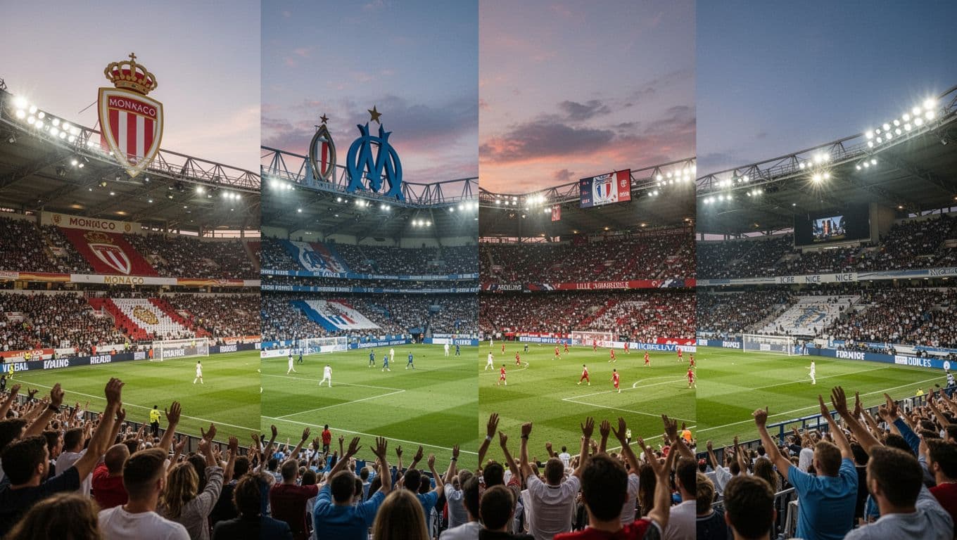 Collage of four vibrant stadium sections from Monaco, Marseille, Lille, and Nice in evening match atmosphere.
