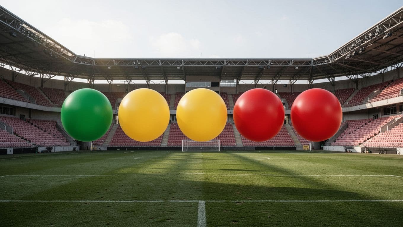 Row of five colored icons for wins, draws, and losses on simple stadium background.