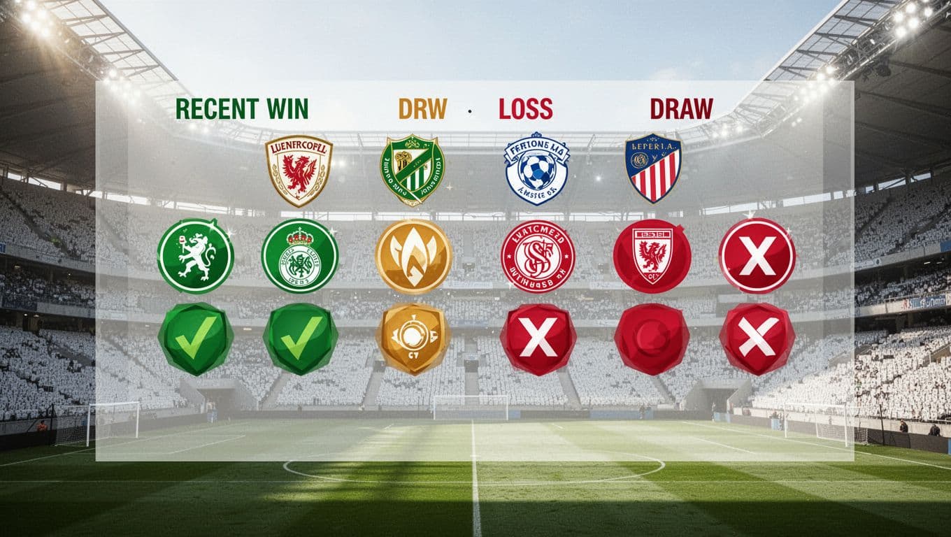 Row of icons showing win-loss-draw streaks for Ligue 1 teams like PSG and Marseille on stadium scoreboard background.