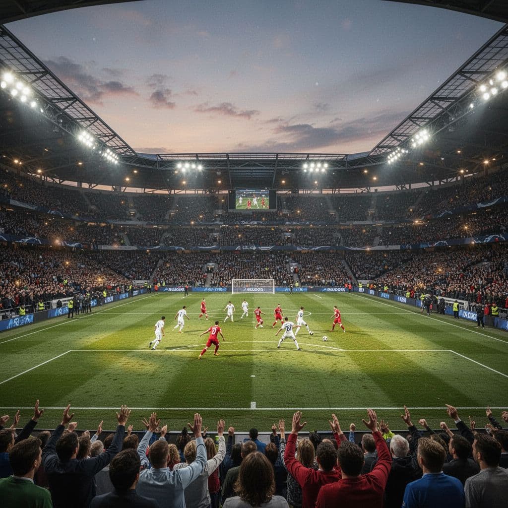 A wide view of a football stadium at dusk with players competing on the field.
