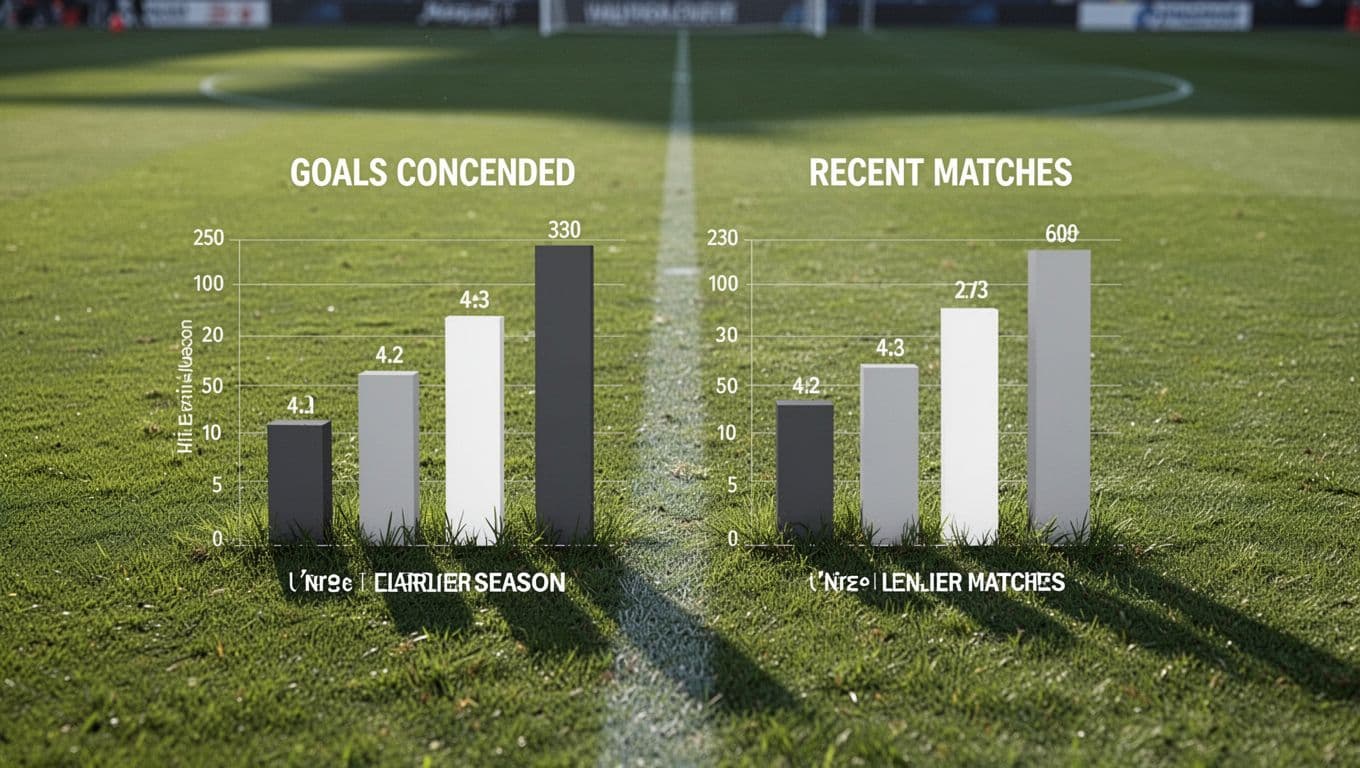 Bar graphs compare old season and recent goals conceded on daylight football field background.