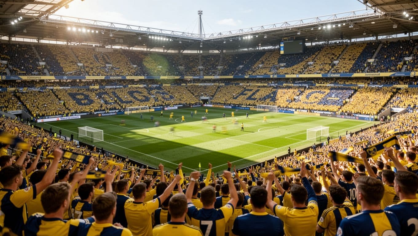 Soccer stadium packed with yellow and blue fans cheering, blurred players on green pitch below.
