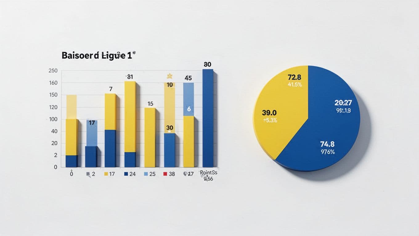 Bar graph and pie chart show soccer team stats in yellow-blue colors on white background.