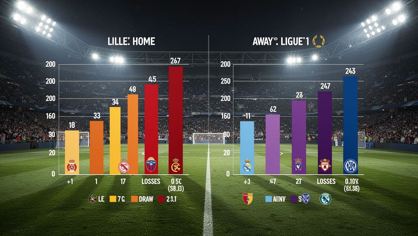 Bar chart compares LOSC Lille's home and away wins, draws, losses, goals in Ligue 1 2025/2026 on green pitch background.