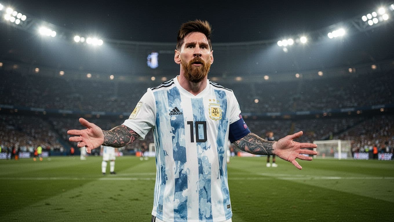 Lionel Messi mengenakan seragam timnas Argentina saat berdiri di lapangan bola. Ia tampak mengarahkan rekan setimnya dengan gestur tangan yang tegas di bawah sorotan lampu stadion yang dramatis dan megah.