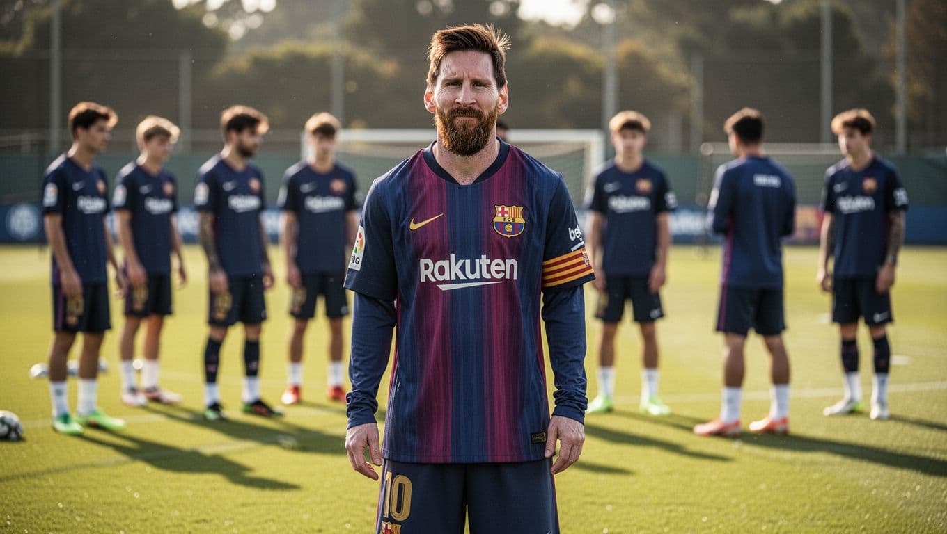 Lionel Messi stands on a grass pitch during a professional team practice session. He focuses ahead as younger teammates jog in the soft-focus background under bright natural stadium lighting.