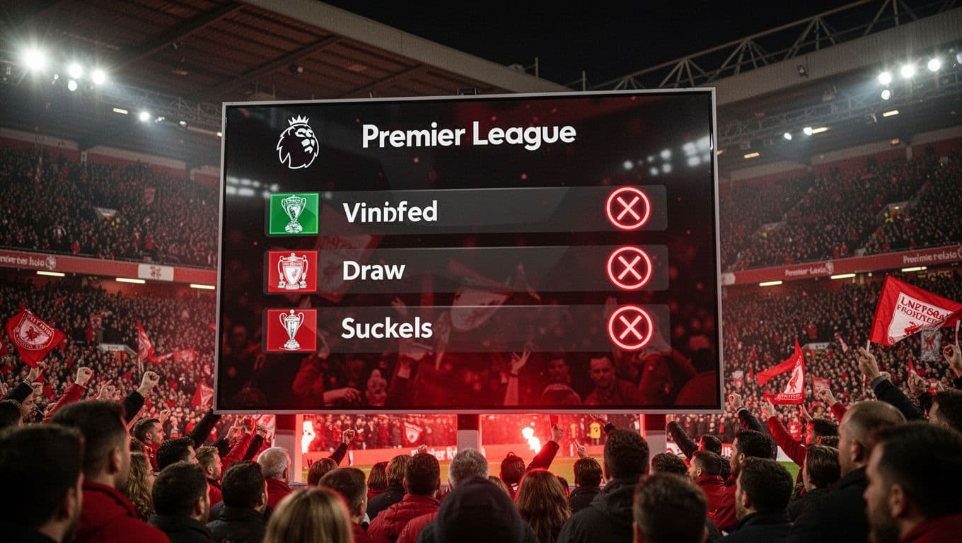 Close-up of Anfield scoreboard showing Liverpool Premier League results with W D L icons under red stadium glow.