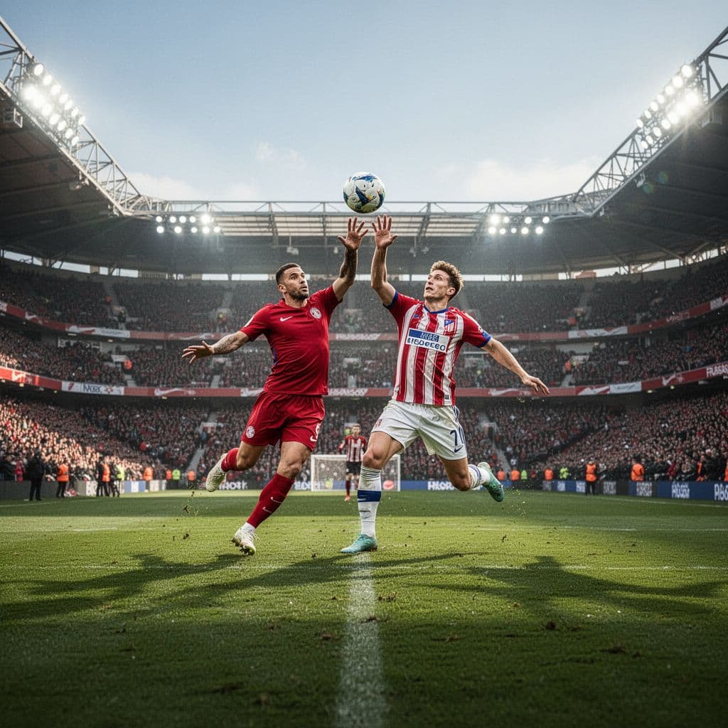 Two football players compete for the ball on the green turf of Anfield stadium during a match.