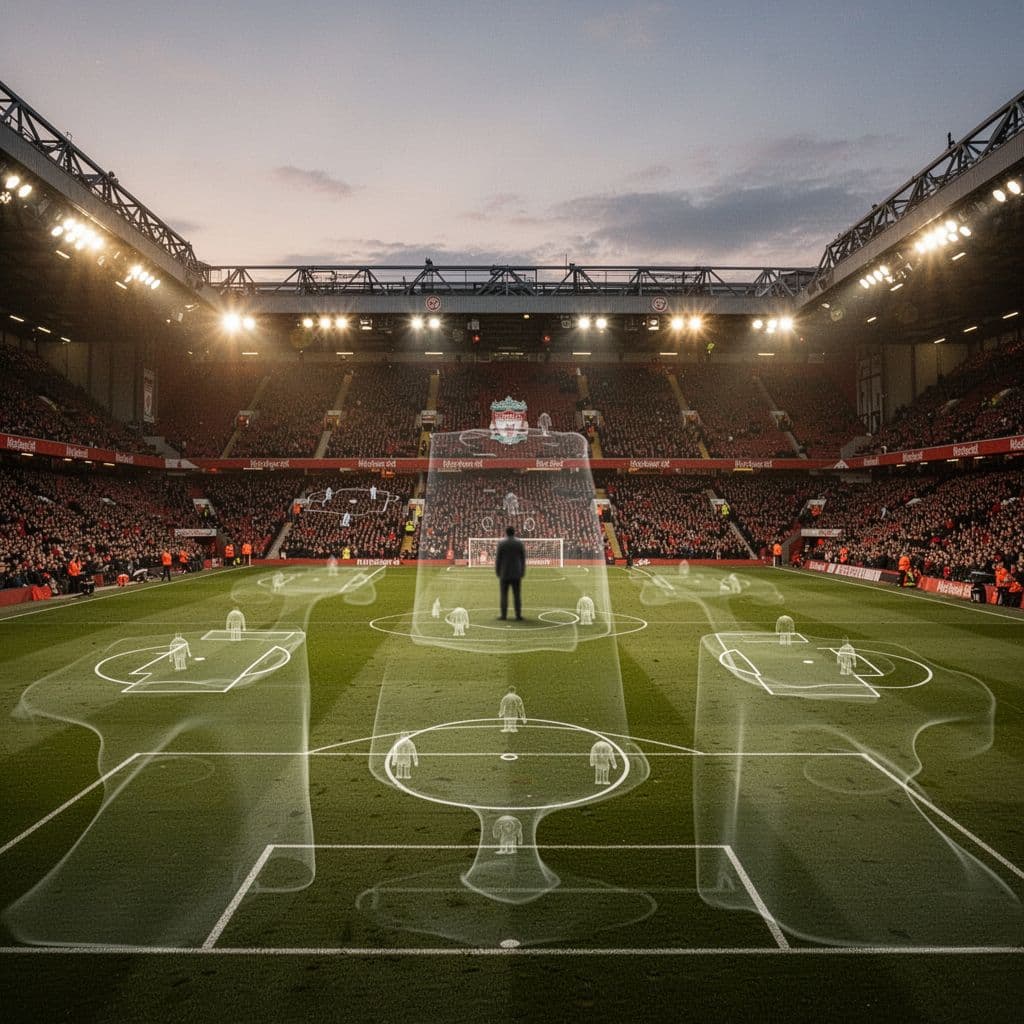A digital tactical overlay graphic set against a blurred view of Anfield stadium.