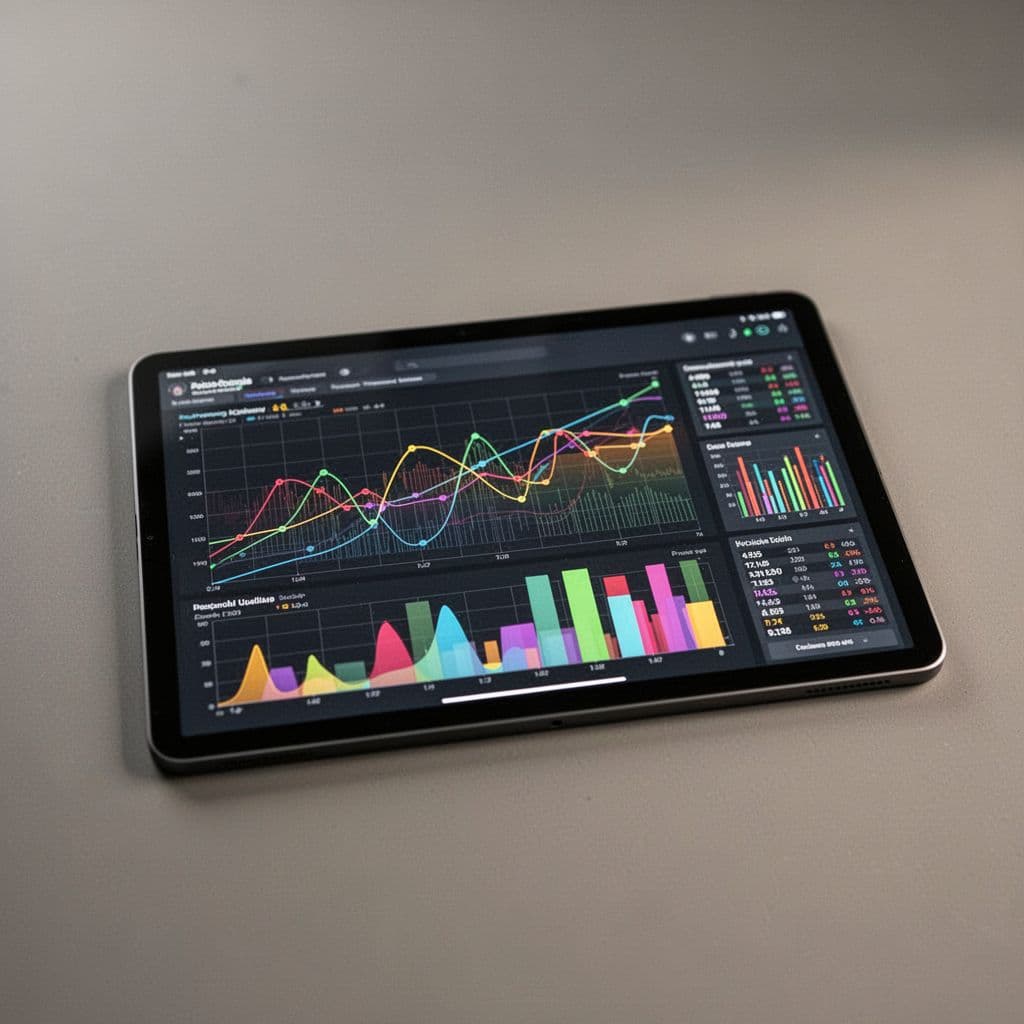 A digital tablet screen displays detailed football match graphs and bar charts against a neutral background.