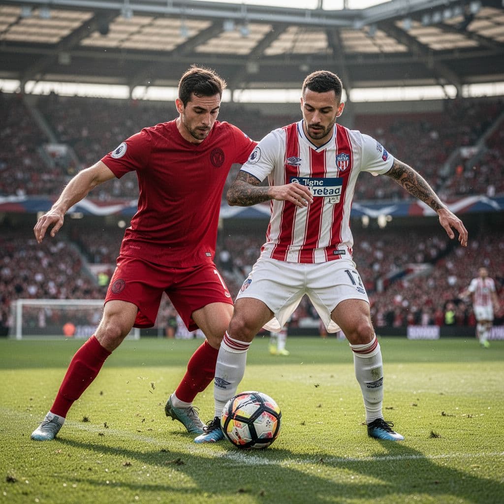 A player in a red jersey pressures an opponent in a white and red striped kit on the pitch.