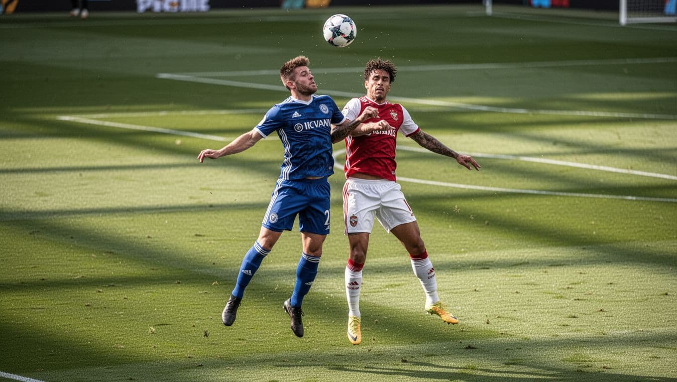 Liverpool defender heads ball clear over jumping opponent in close-up aerial duel on green pitch.