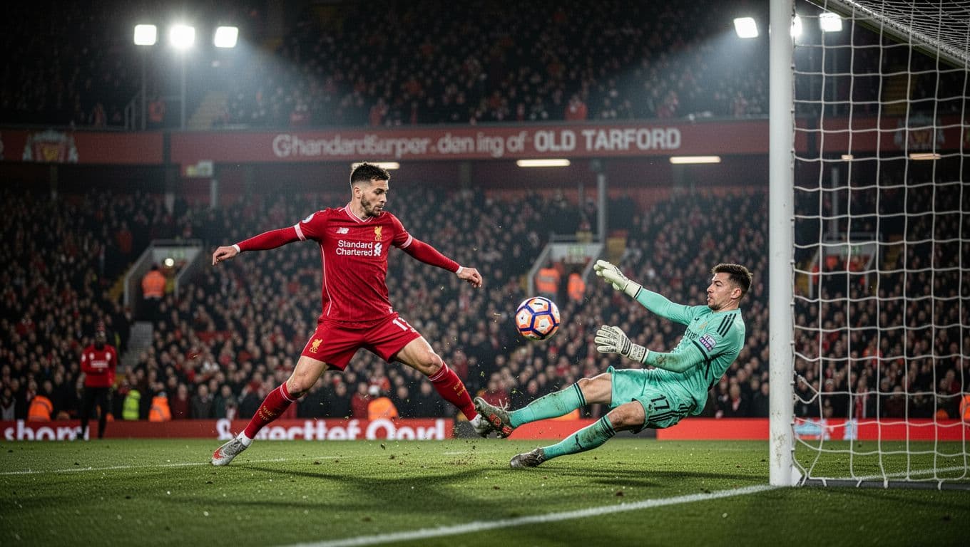 Liverpool player strikes ball past diving Manchester United goalkeeper into net amid packed stands.