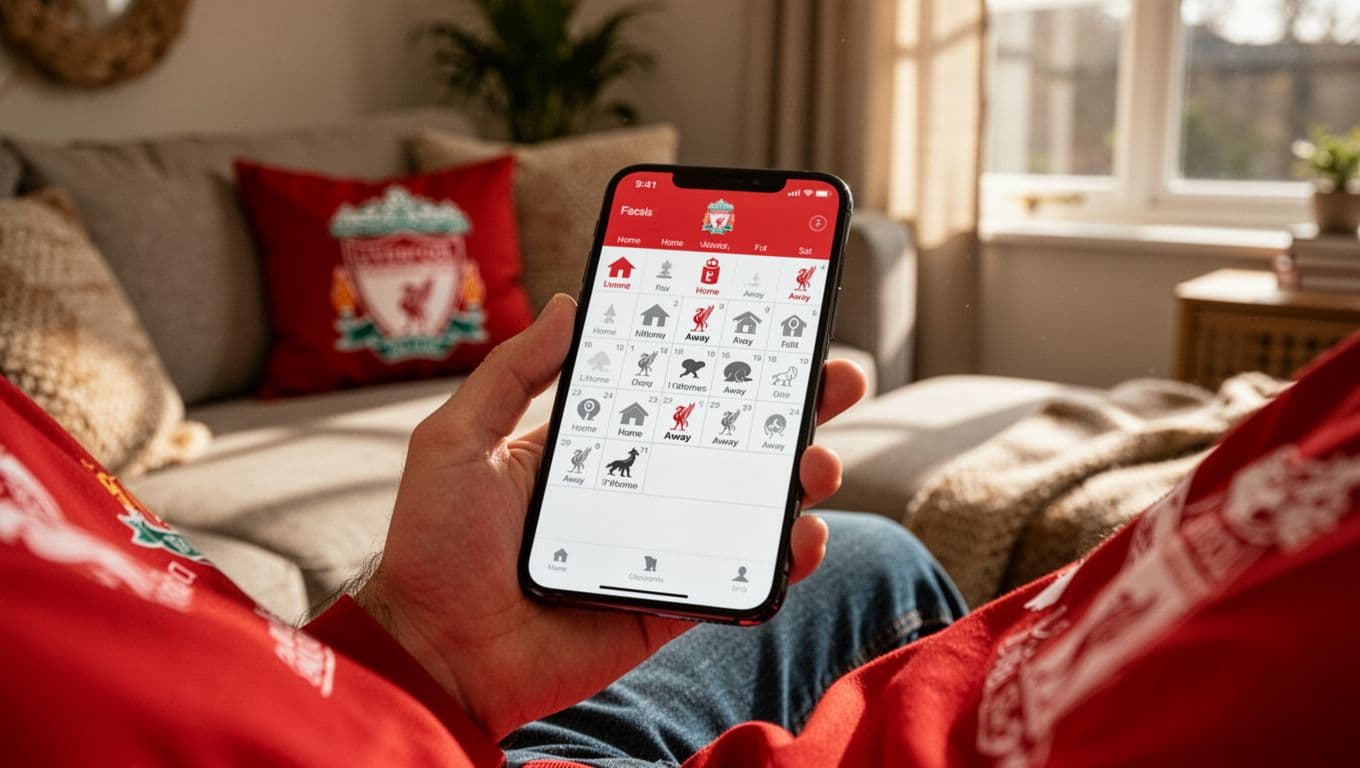 Liverpool fan views Premier League calendar with home and away icons on smartphone in cozy living room.