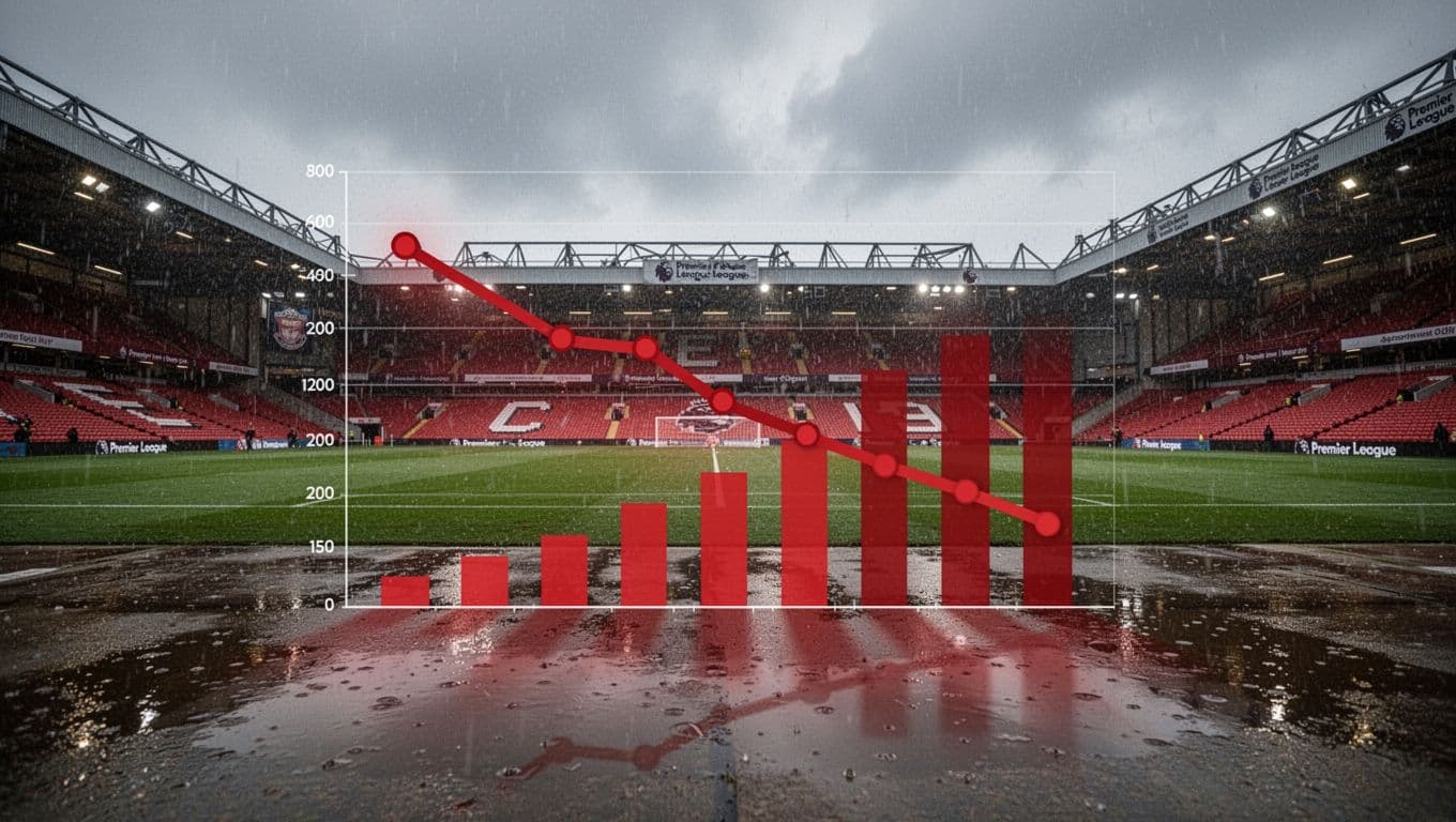 Declining trend graph shows Liverpool FC's unstable results, high concessions, and low goals on rainy stadium background with warning icons and poor stats bars.