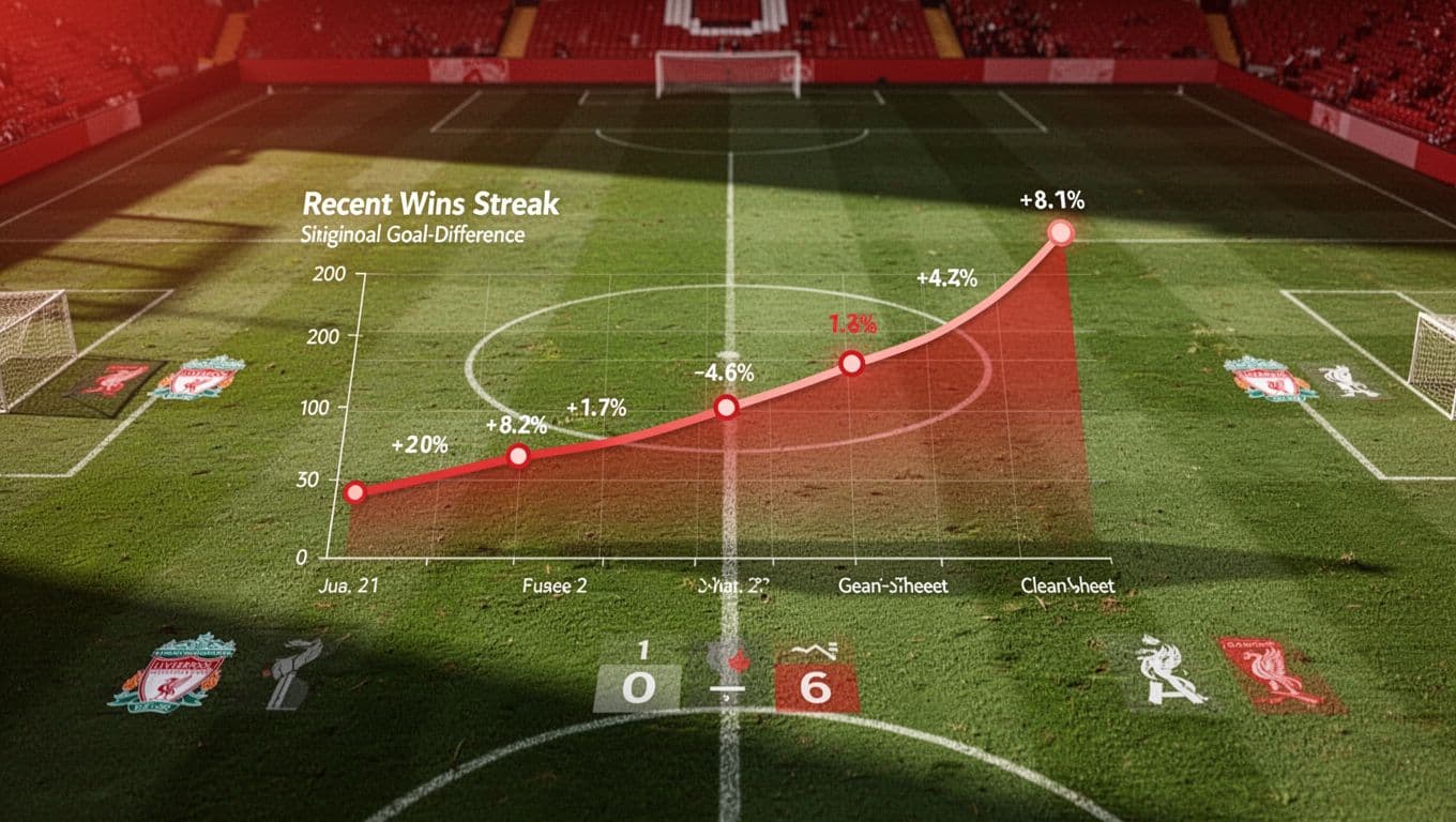 Central rising trend graph of wins streak, goal difference, and clean sheets on green Premier League pitch with subtle calendar, icons, and charts.