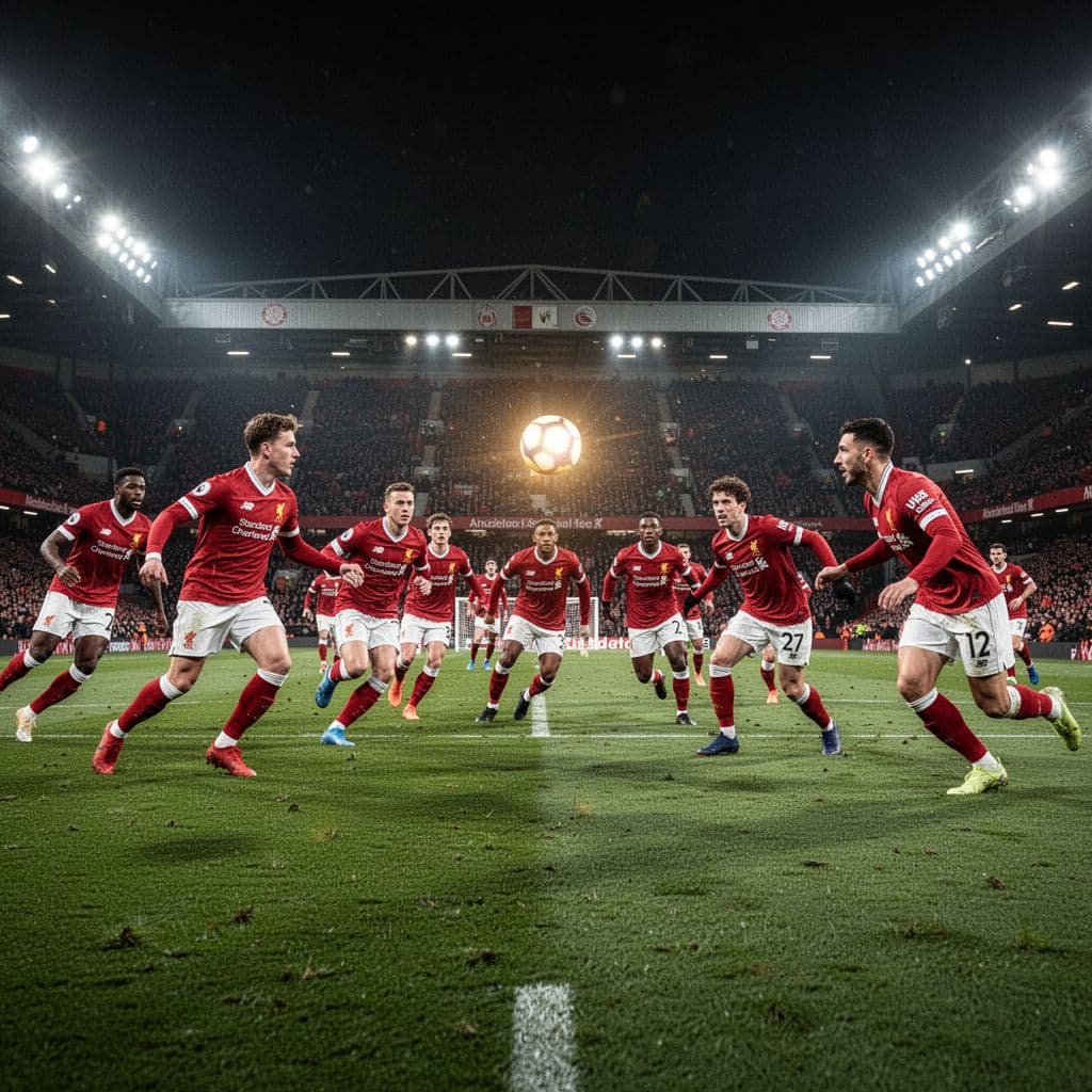 Players in red jerseys advance toward the goal on a vibrant pitch under bright stadium lights.