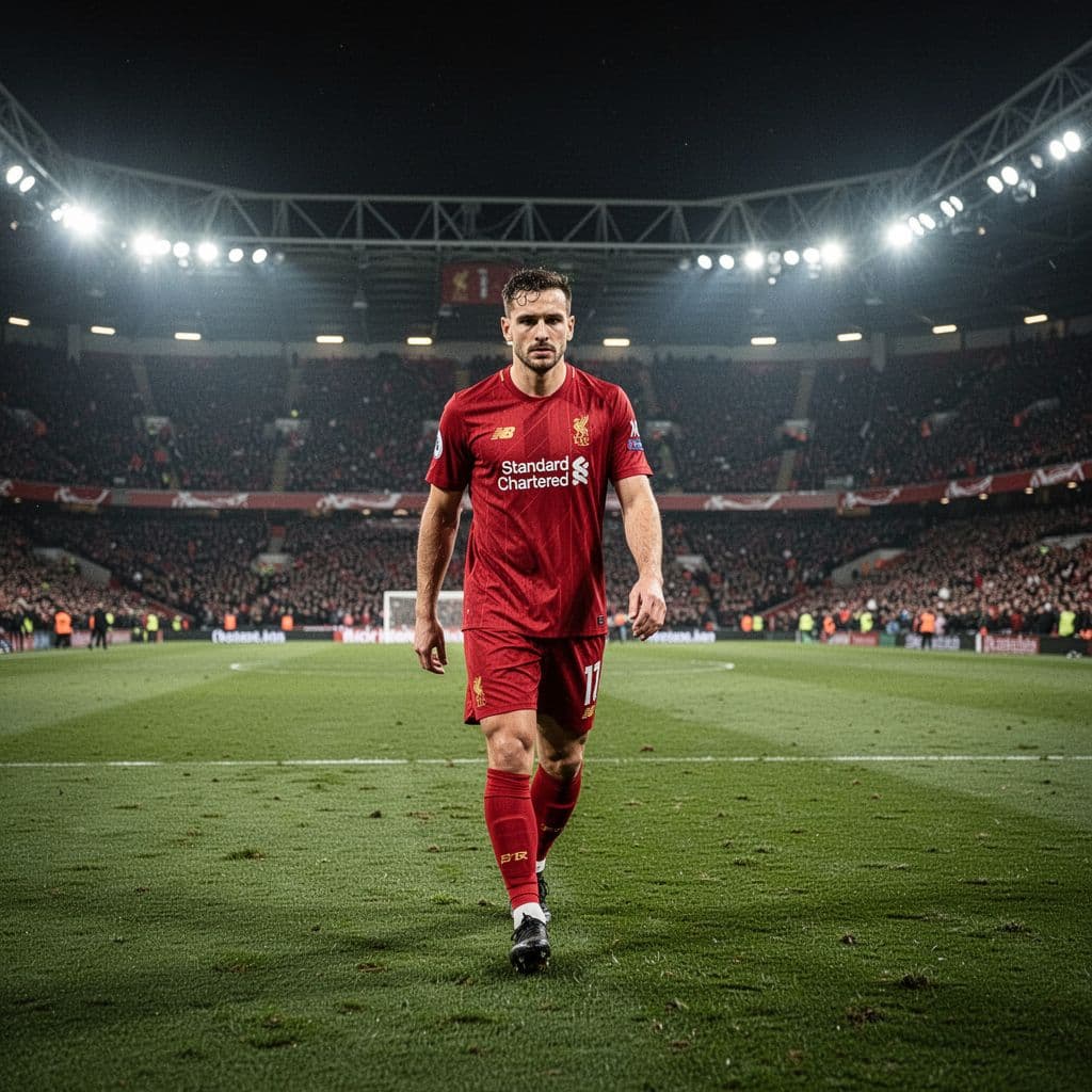 A football player in a red jersey walks off the field with stadium lights glowing in the background.