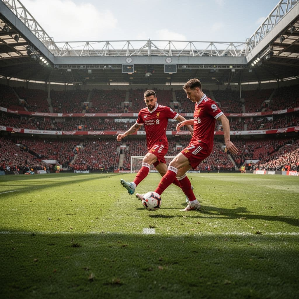 A Liverpool player in a red kit executes a precise pass on the pitch at Anfield stadium.