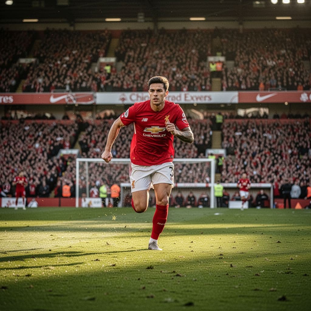 A Liverpool footballer in a red jersey runs across the Anfield grass before a full stadium crowd.