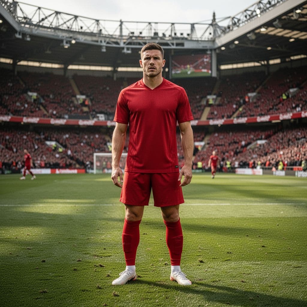 A football player in a red kit stands on the Anfield pitch looking determined during training.