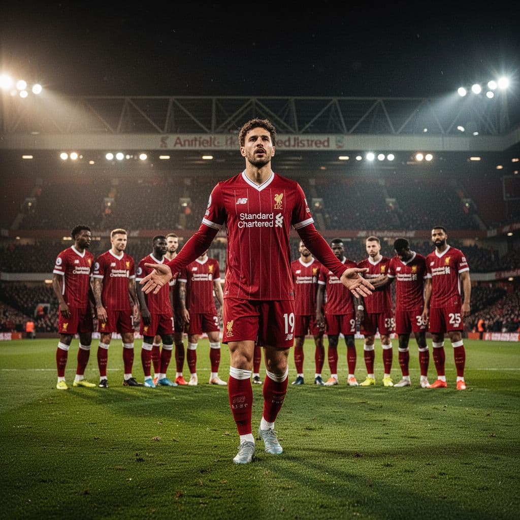 A Liverpool player celebrates on the pitch at Anfield at night while the team stands behind.