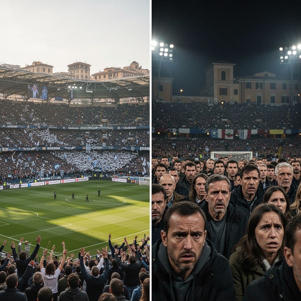 A split-screen comparison shows cheerful fans in a bright London stadium against anxious supporters in a dark Milan arena.