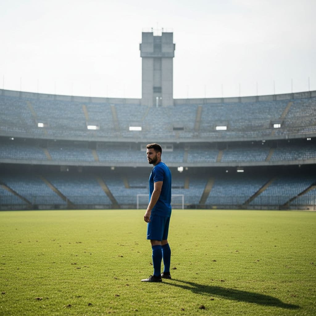 Footballer in dark blue uniform stands on empty green field, gazing into distance at quiet stadium.