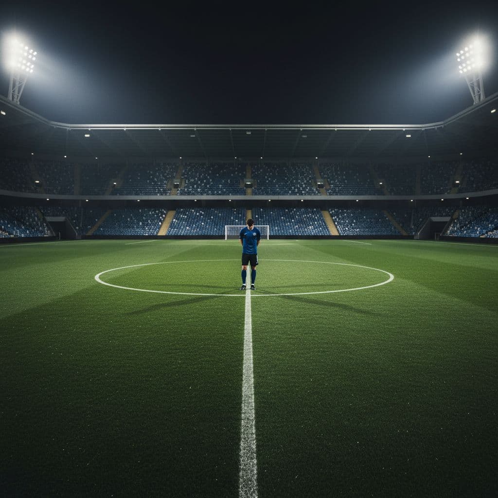 Wide shot of brightly lit soccer stadium at night, one player in dark blue jersey stands alone in center circle on green pitch.
